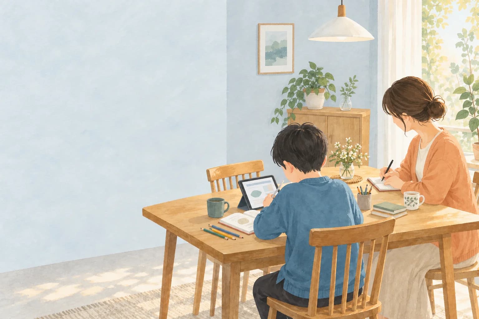 ダイニングテーブルでタブレット学習をする子どもと、そのとなりでノートに記録する保護者のイラスト